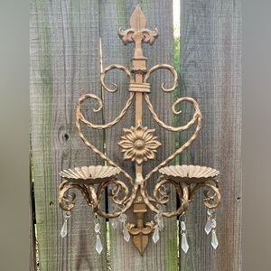 Vintage Pair of Wrought Iron Wall Sconces Fleur de Lis Architectural Decor